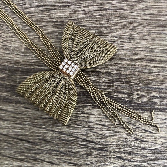 Vtg Gold Bow Rhinestone Necklace - Picture 9 of 15